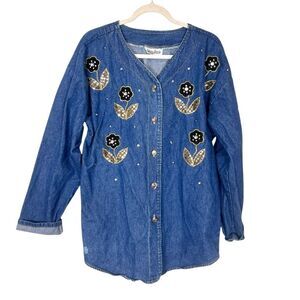 Vintage Button-Up Shirt Jacket Womens Large Blue Beaded Sequin Western Denim